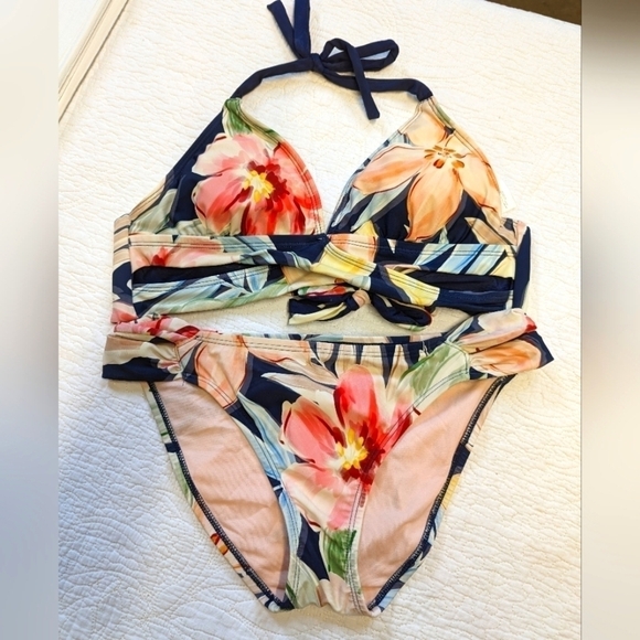 Kona Sol Navy Floral Wrap Front Bikini with Slit Side Bottoms - Picture 4 of 11